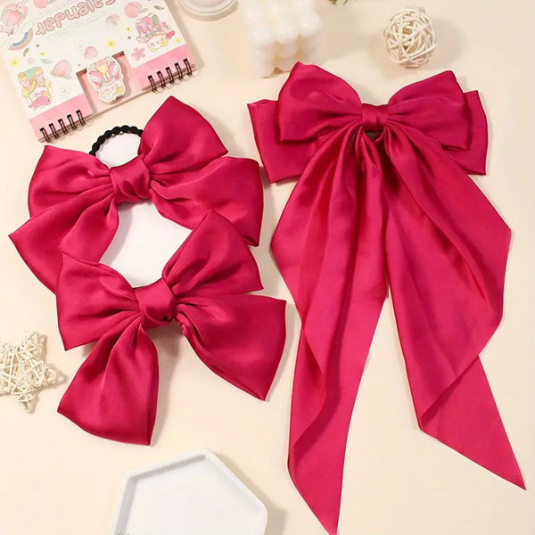 3pcs, Eye-Catching Y2K Sweet Lovely Hair Accessories, Rose Red Silky Bow Ribbon Barrettes & Hair Tie, Women Girls Princess Style Casual Leisure Hair Accessories