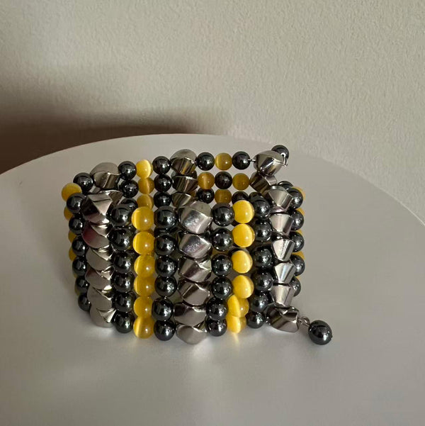 Magnetic Bracelet Hematite Bead Wrap Around Necklace Yellow Crystals Silver Spacer