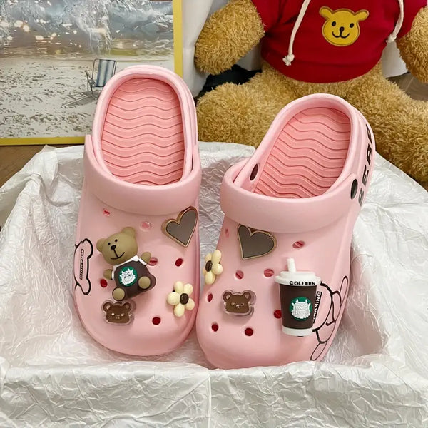 Women's Cute Cartoon Bear Decor Clogs, Casual Hollow Out Design Garden Shoes, Comfortable Slip On Beach Shoes