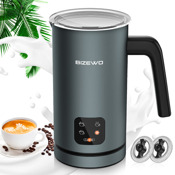 Frother for Coffee, Milk Frother, 4 IN 1 Automatic Hot and Cold Foam Maker, BIZEWO Stainless Steel Milk Steamer for Latte, Cappuccinos, Macchiato, Hot Chocolate Milk with LED Touch