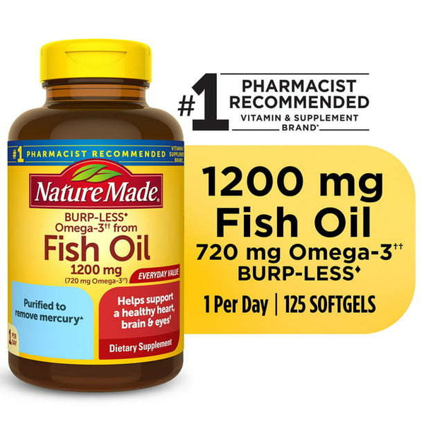 Nature Made Burp Less Omega 3 Fish Oil 1200 mg Softgels;  Fish Oil Supplements;  125 Count