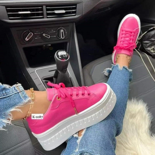 Women Fashion Thick Bottom Round Toe Vulcanized Shoes Women Comfortable Solid Color Shoes Women Outdoor Trendy Lace-up Sneakers