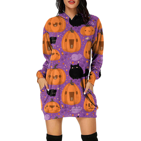 Autumn And Winter Halloween Women's Digital Printed Hooded Long Sleeve Dress