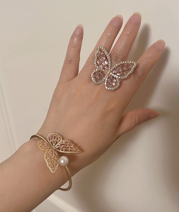 Elegant Butterfly Cuff Bracelet & Ring Set with Faux Pearls and Zirconia – Adjustable, Silvery/Pink/Gold Finish – Perfect for Any Occasion