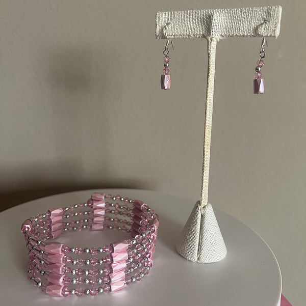 Magnetic Bracelet Hematite Bead Wrap Around Necklace Pink Crystals Silver Spacer + pink crystals earrings